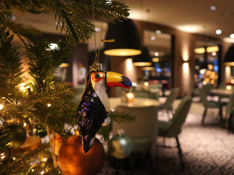Toucan christmas ornament at restaurant