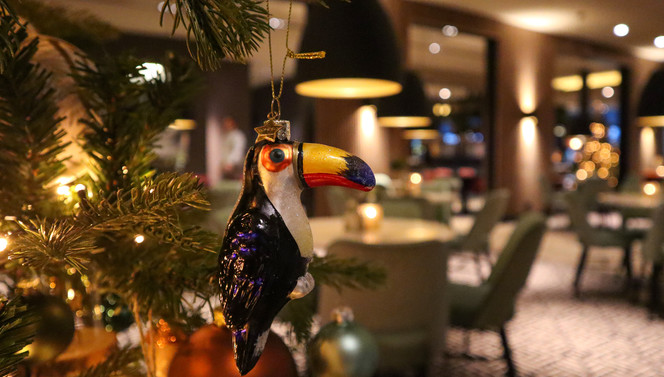 Toekan Kerstbal in restaurant